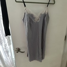 Victoria Secret GrayBlue Satin White Lace Trim Slip Dress Nightie Size Large Y2K