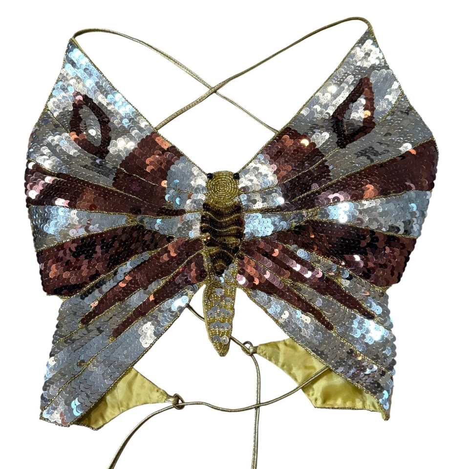 Y2K Sequin Butterfly Backless Tie Top Gold Size L-XL Festival Rave Fairy Club - Image 3 of 4