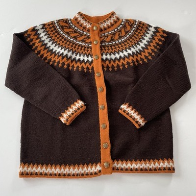 Fair Isle Cardigan Brown Orange Nordic Apres Ski Sweater Lodge Style Fun Buttons