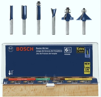 BOSCH RBS006 6-Piece 1/4 in. Shank Carbide-Tipped Multi-Purpose Router Bits NEW