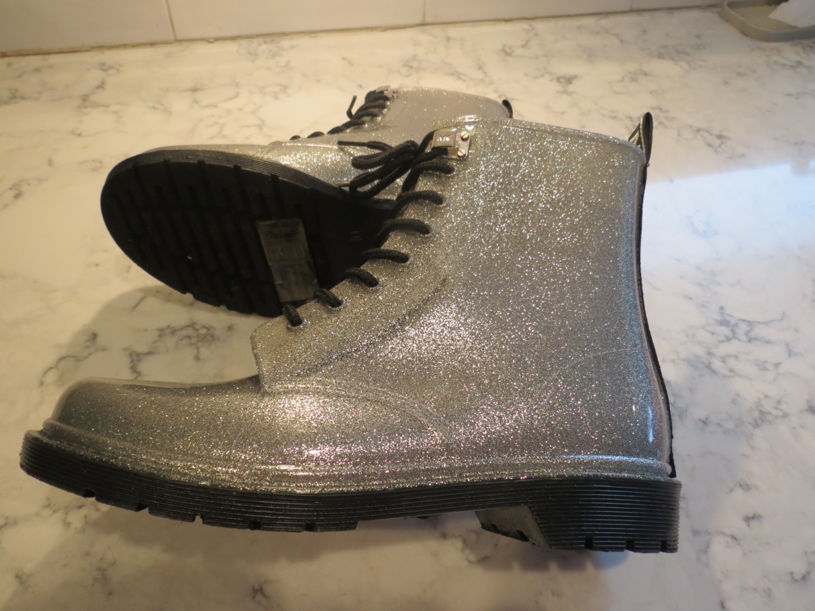 New Michael Kors silver metallic rain boots platform lace up block heel women 10 thumbnail 7