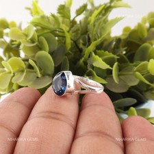 925 Silver Pear Natural London Blue Topaz Sister Wedding Solitaire Ring Jewelry