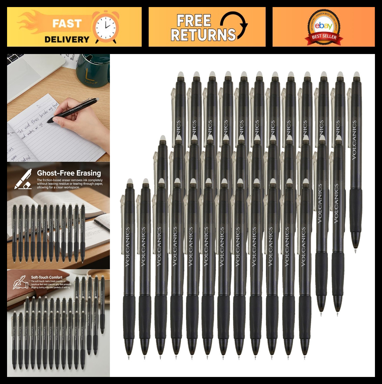 Retractable Erasable Gel Pens 0.7mm Ballpoint - Heat Erase, 36 Pack, Soft Black