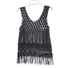 Vintage Boho Black Crochet Fringe Tank Top Sheer Small Medium Festival Metal Y2K
