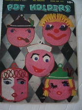 Vintage 1955 J&P Coats Pot Holders Craft Pattern Funny Faces Lion Bear Panther