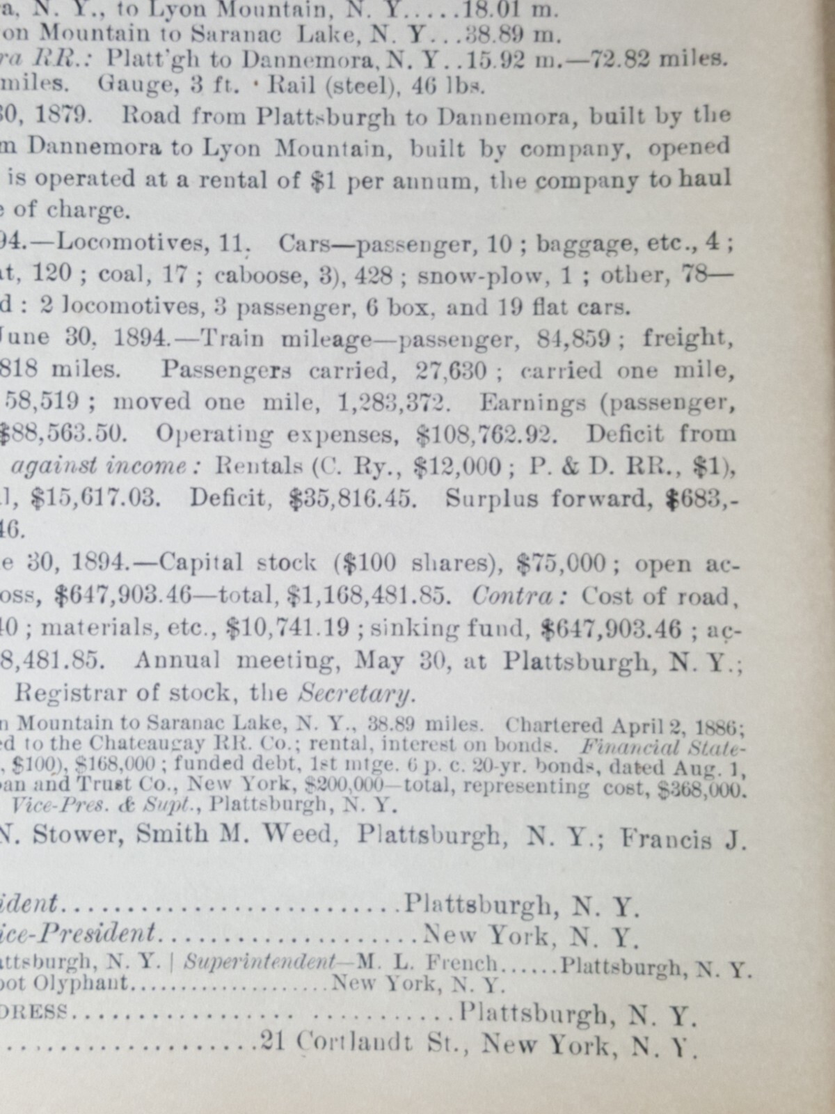 1895 train report CHATEAUGAY RAILROAD Dannemora Lyon Mountain