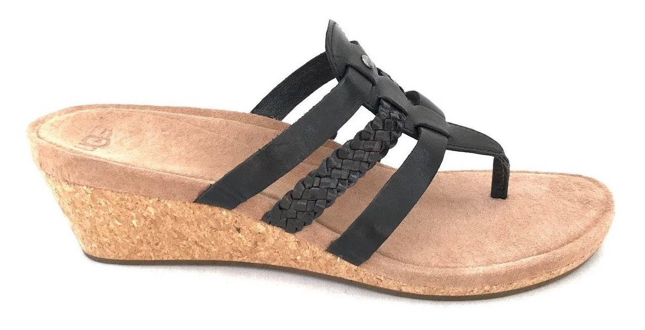 Sandali Ugg donna Maddie in pelle camoscio sughero nero zeppa infradito taglia 9 5