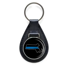 Thin Blue Line Massachusetts State Black Leather Keychain Silver Keyring 