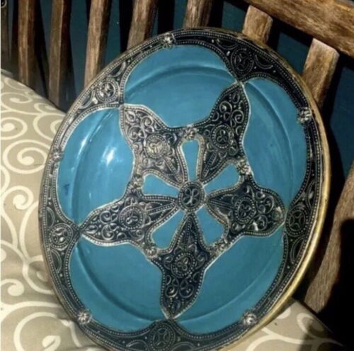 Moroccan Hand-Made, Large Ceramic Bowl w/ Metal Filigree. 13” Diameter - Picture 2 of 3
