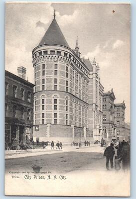 c1905 New York City New York Postcard City Prison Exterior Building Crowd Street