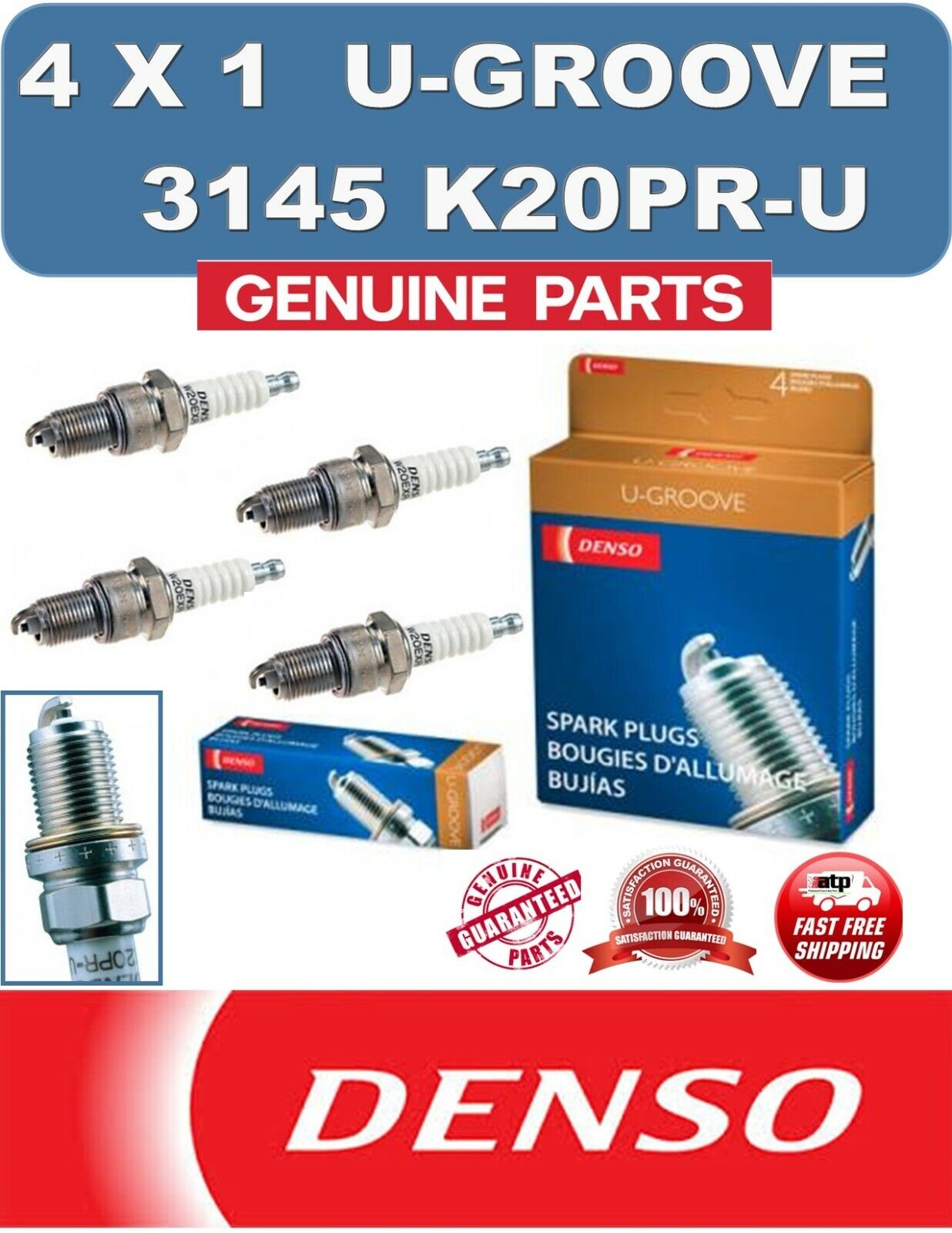 4 Pcs Genuine DENSO 3145 Resistor U-Groove Spark Plug K20PR-U