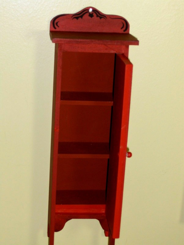Hand Painted Red Dollhouse Mini Shelf Wood Cabinet Small Furniture Vintage