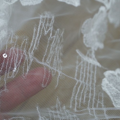 Ivory Rose Flowers with Clear Sequins Embroidered Tulle Lace Bridal Dress Fabric - Picture 6 of 8