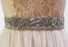 Crystal Beaded Indian Style Diamante Belt Ivory Satin Ribbon Gold threaded