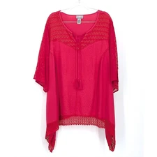 Catherines 3X Rayon Crochet Lace Embroidered Sheer Sleeve Tunic Top Blouse Boho