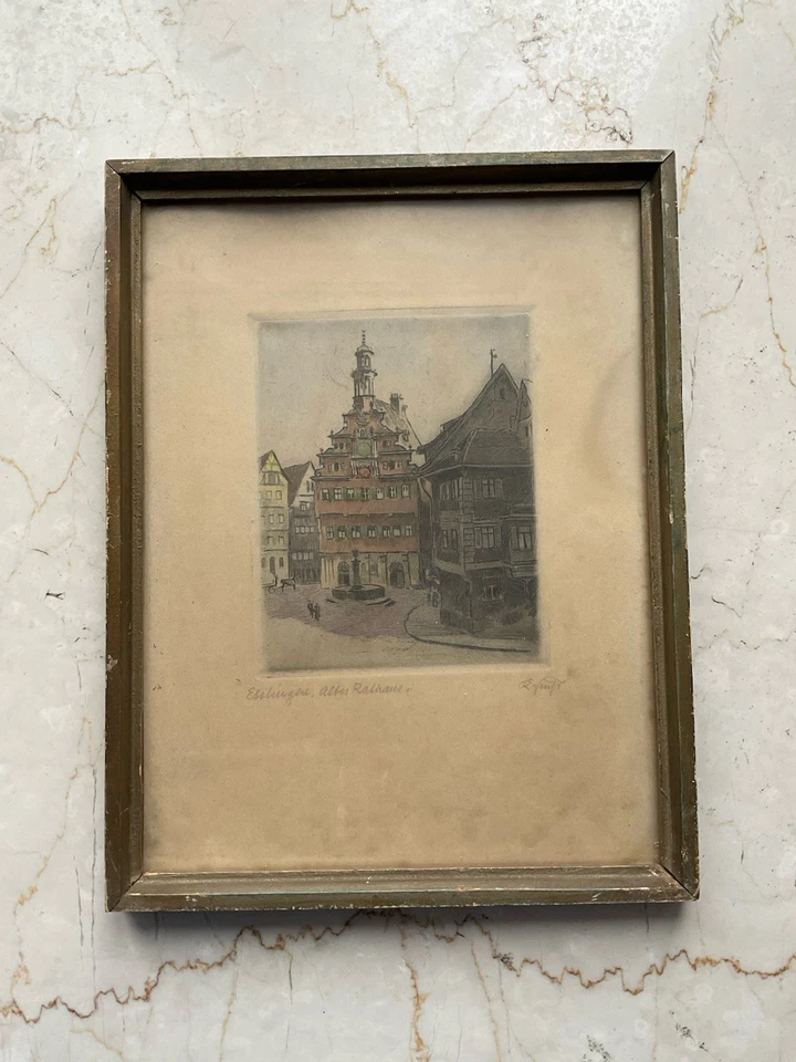 Gemälde Antik Original Gerahmt Esslingen Altes Rathaus Signiert Radierung