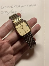 Vintage Elgin Quartz Men’s Watch Gold Tone Rectangular Date Stainless Back Runs