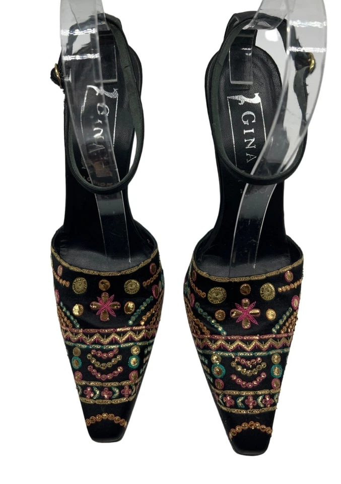 Gina Satin Pointed Toe Embroidered Detail Ankle Strap Heels - Image 4 of 4