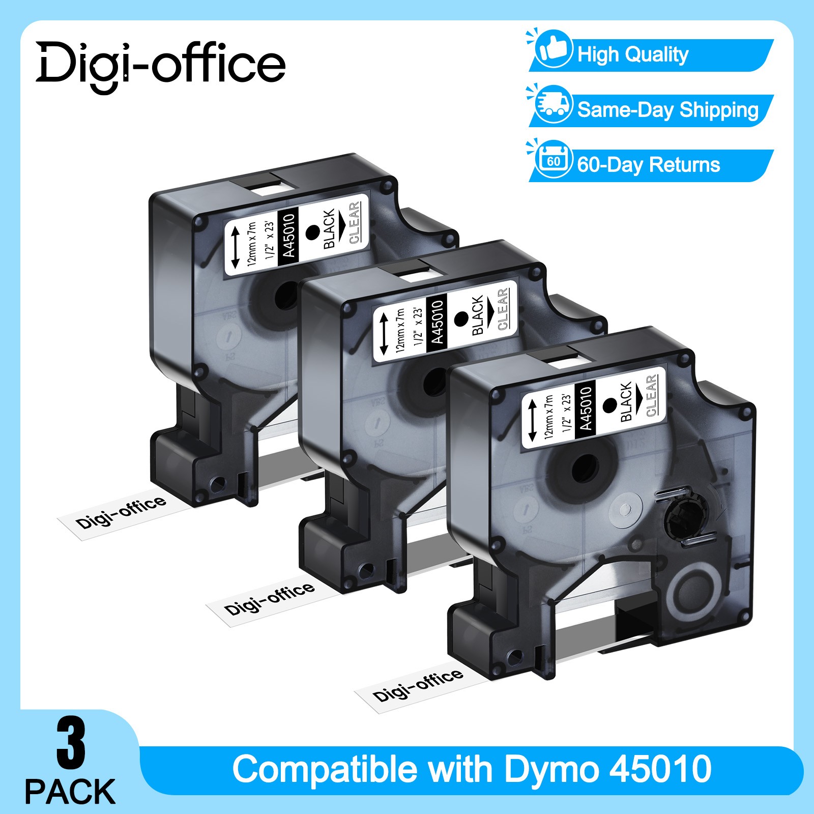 3 PK 45010 Black Clear Label Tape for DYMO D1 LabelPoint 200 250 Print 1/2" 12MM