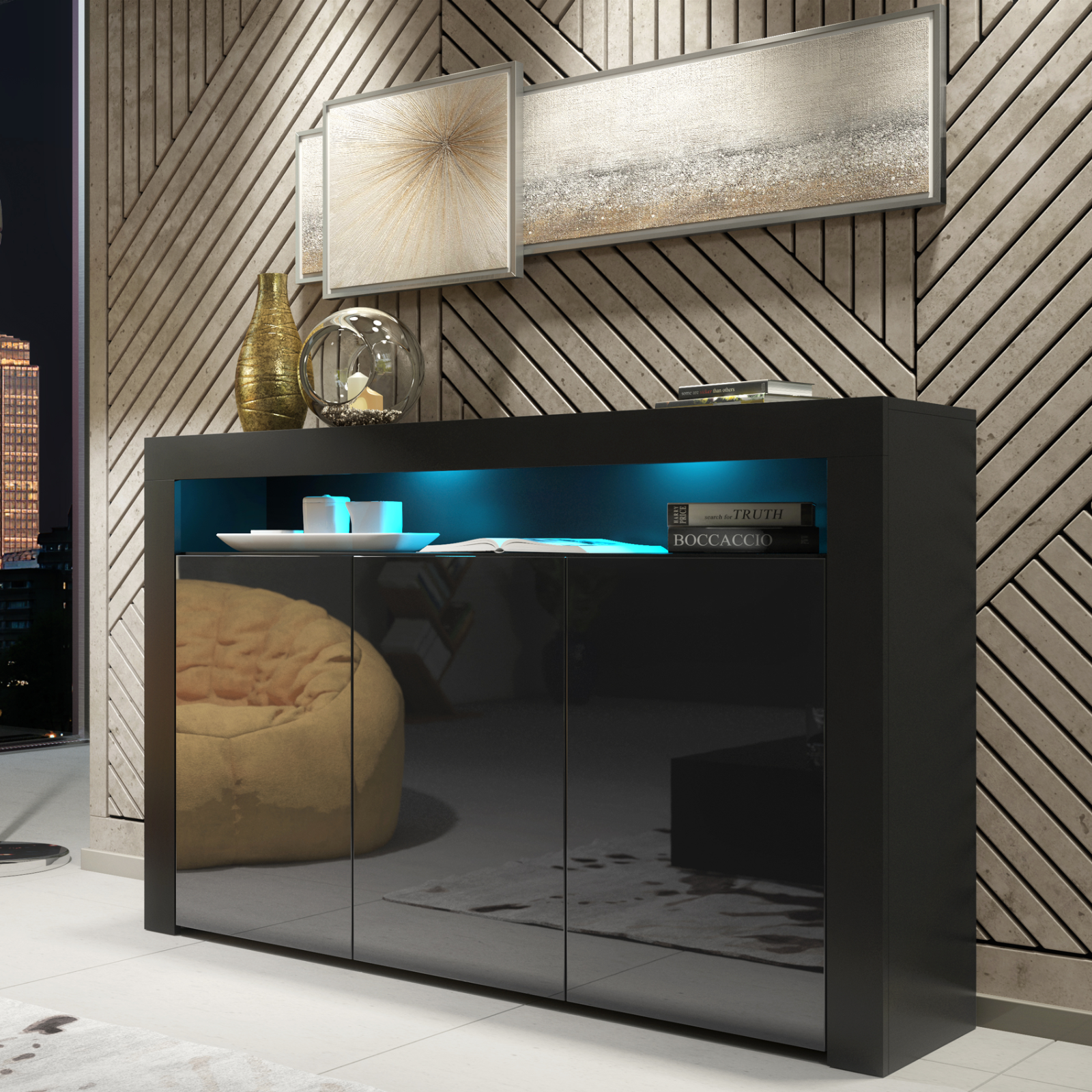 Sideboard TV Stand Storage Cabinet Cupboard Black Gloss Doors Free LED 155cm
