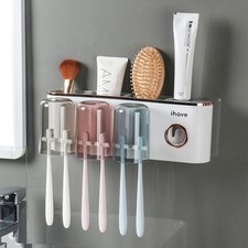 Wall Mounted Toothbrush Holder Bathroom Organizer With Dispenser And 3 Cups Set