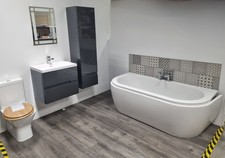 Showroom Bathroom Suite – Bath, rimless WC, Floating Sink, Wall Cupboard, Taps