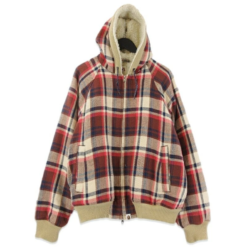 A BATHING APE (BAPE) Felpa con cappuccio zip A Bathing Ape Love Gene Check Boa rossa L usata