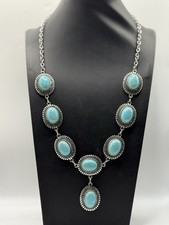 Vintage Boho Silver Tone Faux Turquoise Stone Bib Statement Necklace 13" Hang