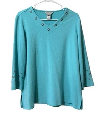 MULTIPLES Women Tunic Blouse Size Small V Neck Embellished Ribbed Stretch Artsy