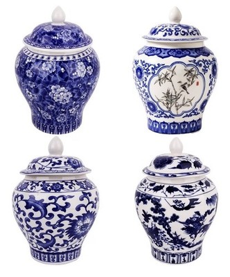 Set of 4 Mini Ginger Spice Tea Jars Lidded Chinoiserie Decor Ceramic Porcelain
