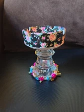 Handmade Floral Pedestal Ashtray / Trinket Dish – Upcycled Glass & Ribbon Roses