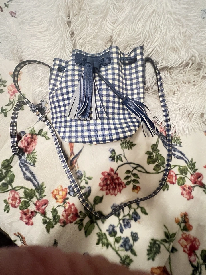 J Crew Blue and White Checkered Leather Crossbody Bucket Bag Purse - Image 2 of 4