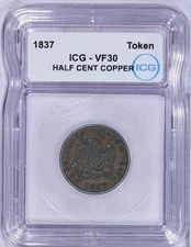 1837 Hard Times Token HTT ICG VF30 - Half Cent pure Copper Token