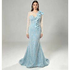 Gorgeous Sky Blue Mermaid Prom Dress Lace Crystals Sequined Flowers Evening Gown