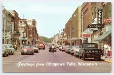Chippewa Falls WI Greeting From Street Scene Coca Cola Drug Store 1960s Postcard