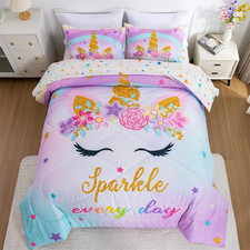 Unicorn Twin Comforter Set with Sheets,5 Pieces Kids Bedding Sets for Girls, Lig