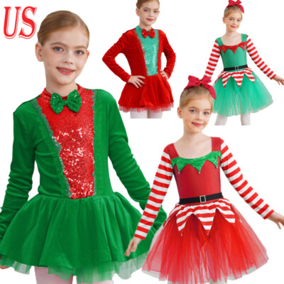 US Girls Christmas Santa Elf Costumes Christmas Dance Costumes Ballet Tutu Dress