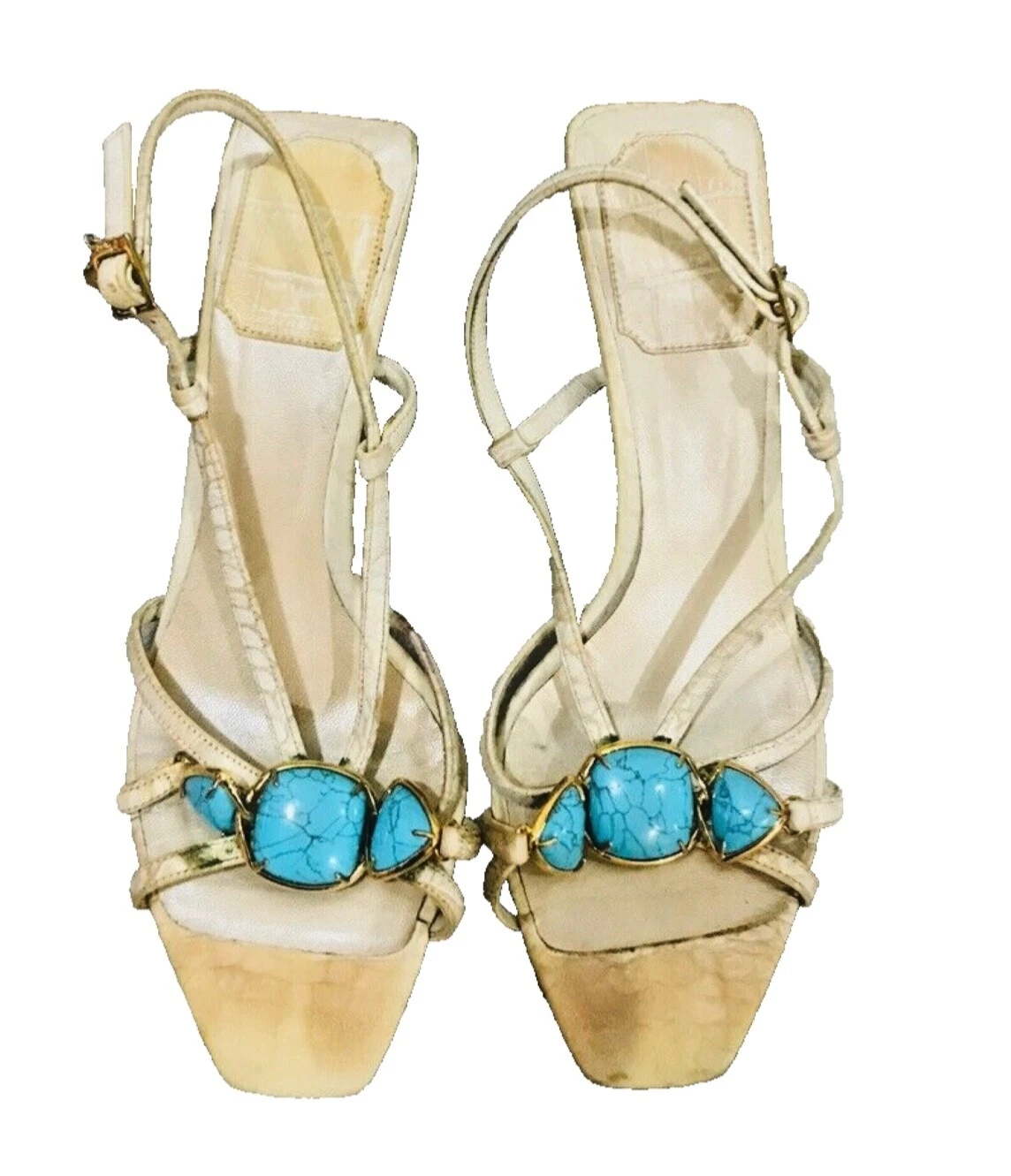 Sandales à sangle en T turquoise pierre Christian Dior talons boucle 36