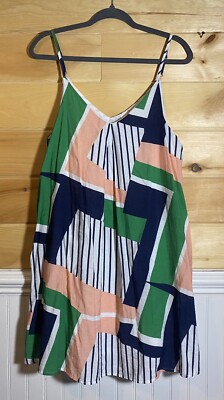 Entro green pink navy geo print striped slip mini dress medium | eBay