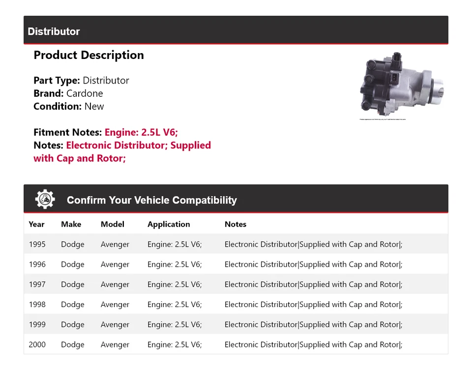 Para 1995-2000 Dodge Avenger 2.5L V6 Distribuidor Cardone 1996 1997 1998 1999 - Imagem 2 de 4