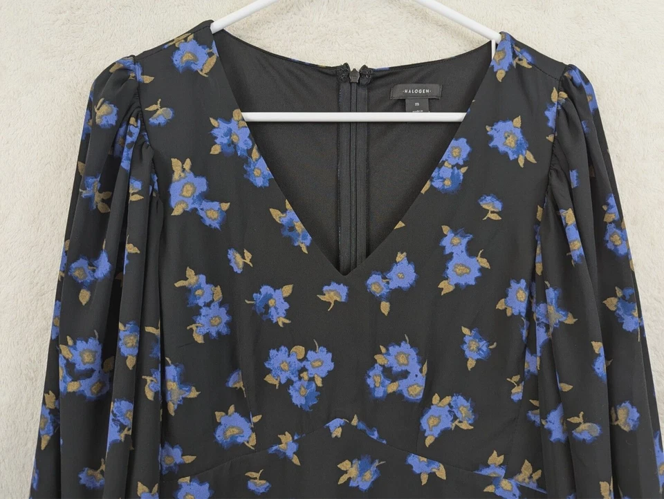 Halogen sz M 连衣裙荷叶边层气球袖黑色花卉印花 0811 — 第 3/4 张图片