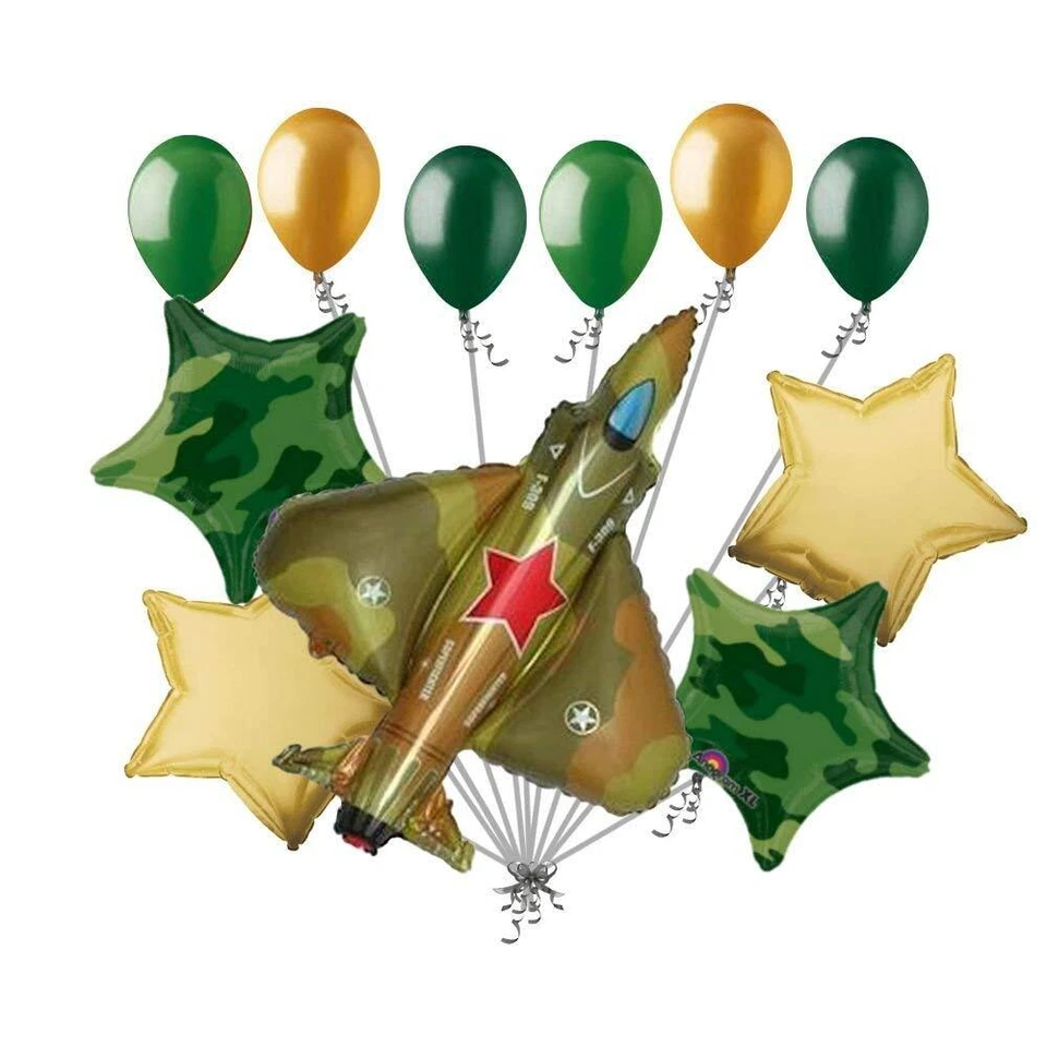 JECKAROONIE BALLOONS 11 pc Military Jet 2.0 Camo Balloon Bouquet Army Birthday Welcome Home Camoufla