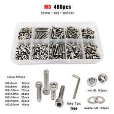 M3 SUS304 Allen Hexagon Hex Socket Cap Head Screw Bolt Nut Washer Set Kit