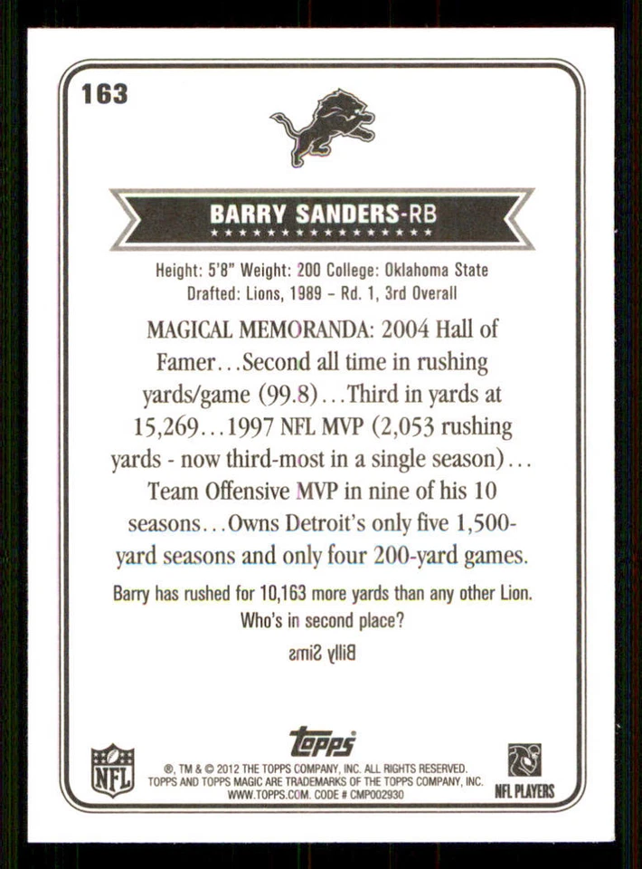 2012 Topps Magic #163 Barry Sanders - Image 2 of 2