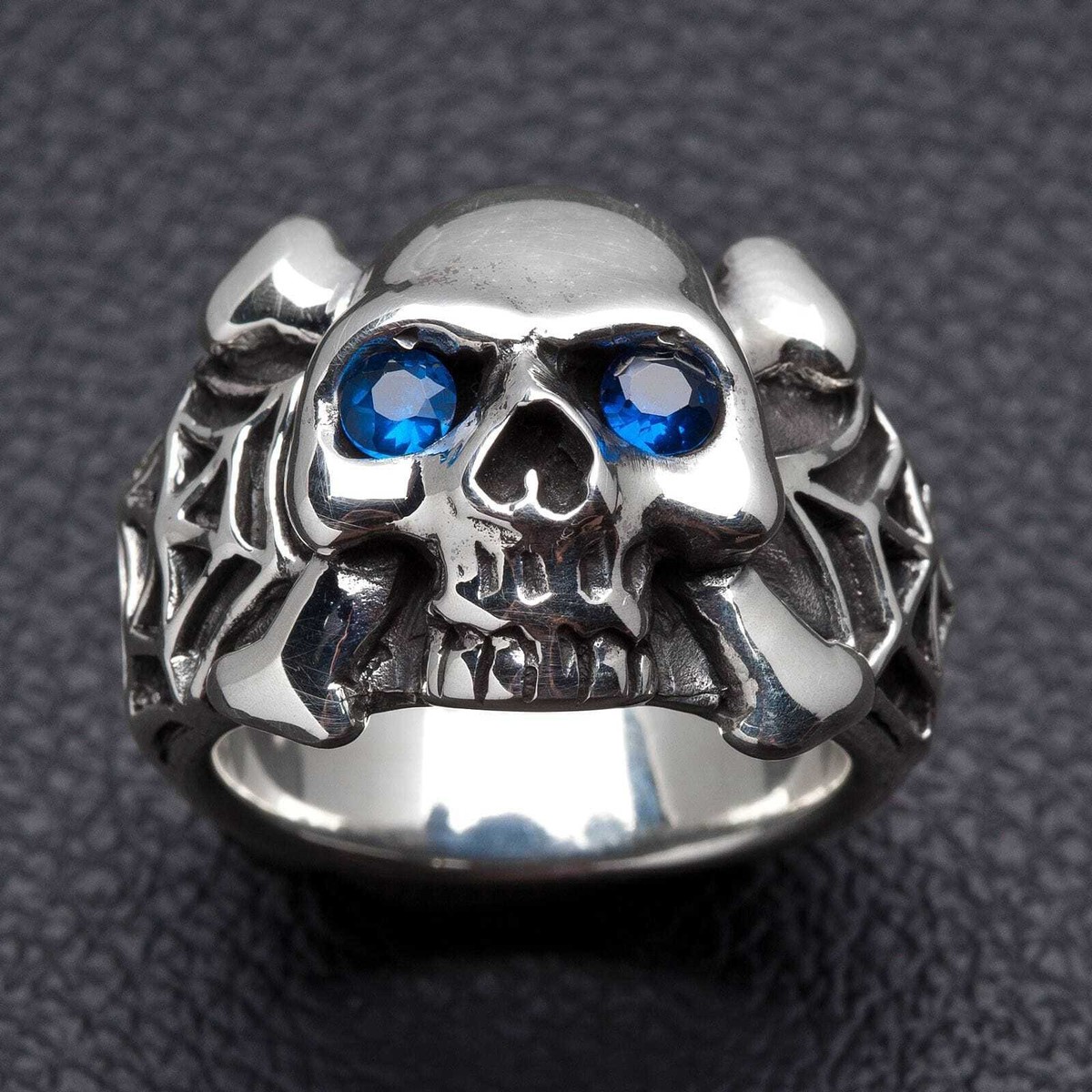 Spider 925 Sterling Silver Blue Eyes Skull Ring Gothic Biker Rock