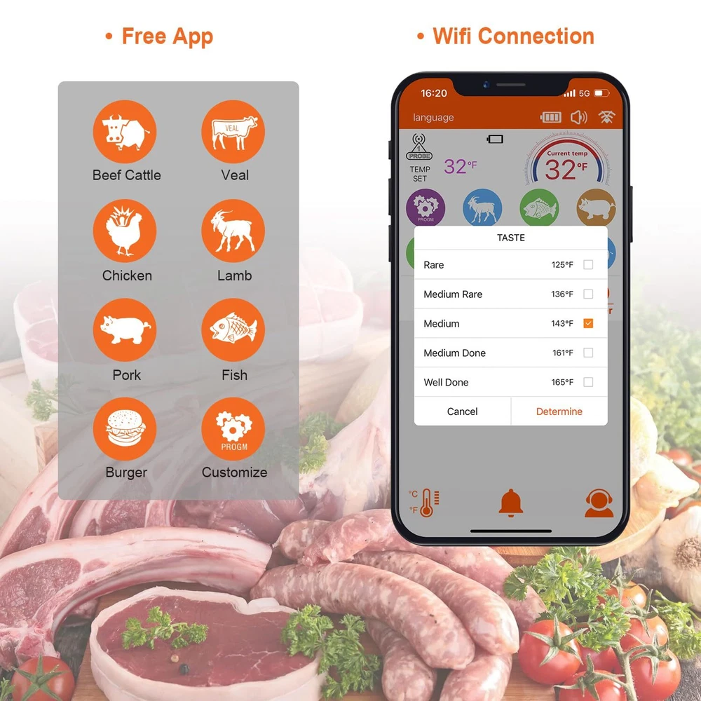 Wireless Meat Thermometer 500Ft Remote Range Food Digital Cooking BBQ Oven Grill