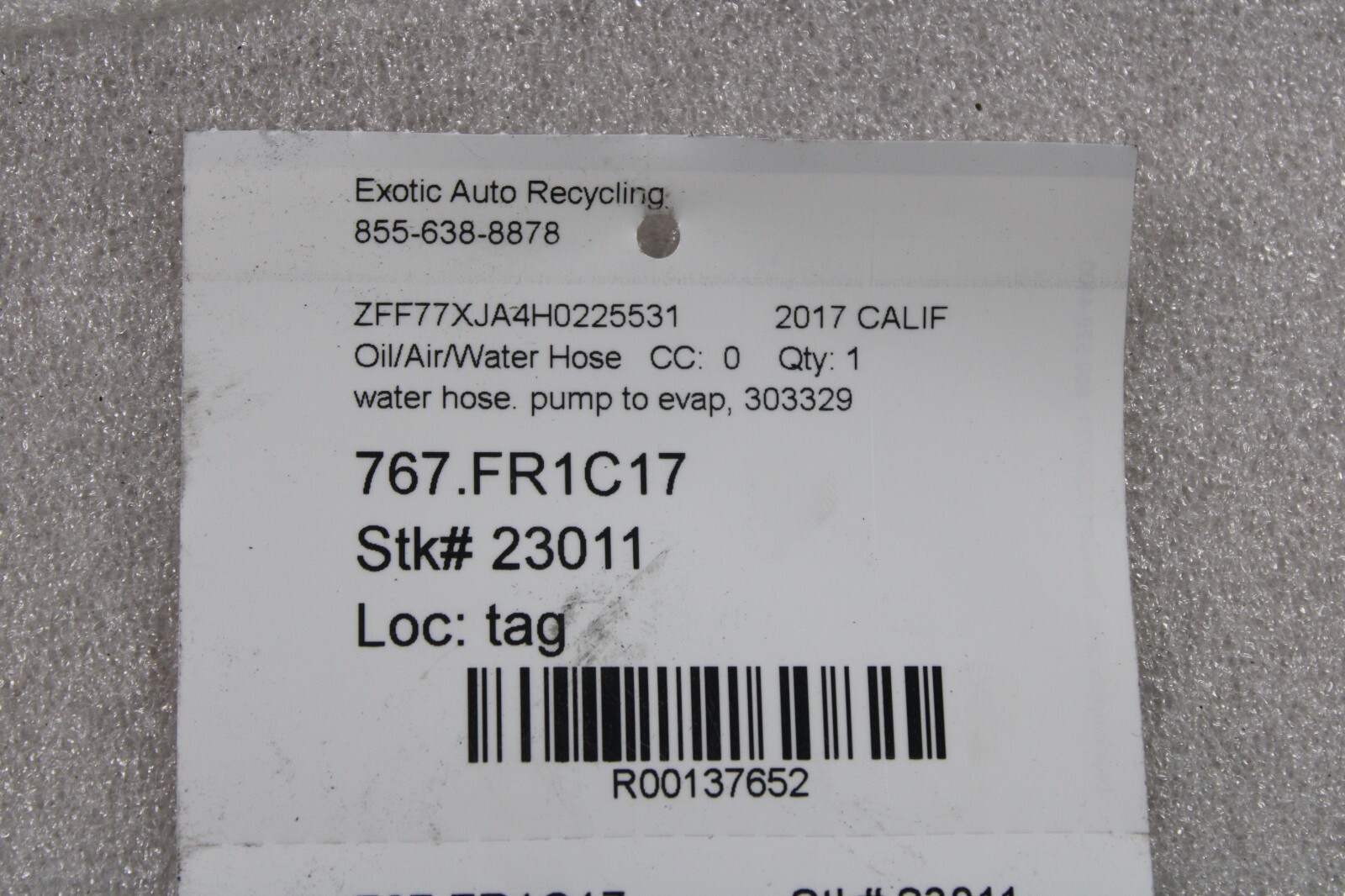 Ferrari California T, Water Hose, Pump to AC Evaporator, Used, P/N 303329