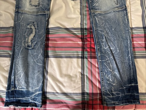 Makobi Jeans Mens 36x34 Blue Denim Ripped Acid Wash Slim Straight Distressed - Picture 10 of 23
