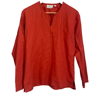 Four Seasons Resort Women Small Linen Tunic Top Red Rust Long Sleeve Vacation