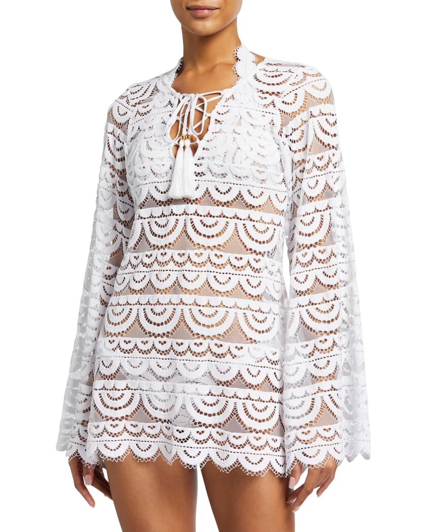 PILYQ Noah Lace Swim Cover Up Tunic White Size XS/S Sheer Bell Sleeve